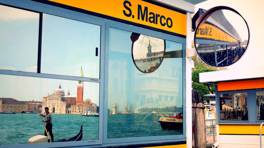 View of the "San Marco" vaporetto station overlooking the lagoon, Venice, Italy.
